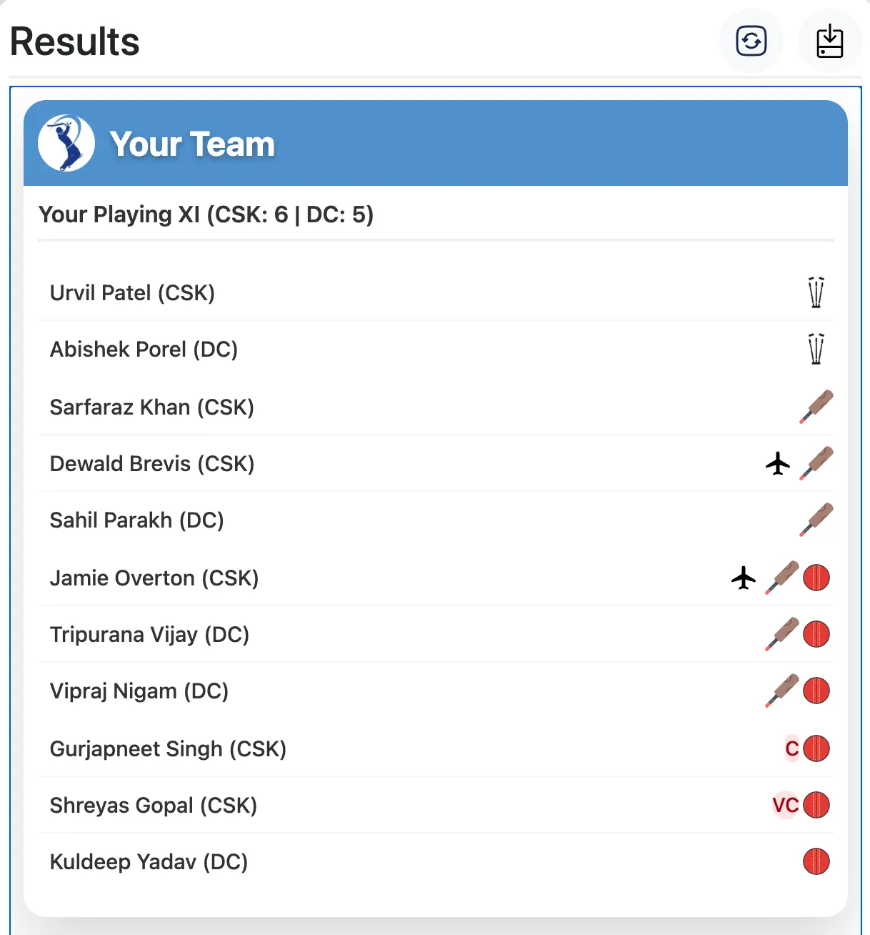 Selected Playing XI display